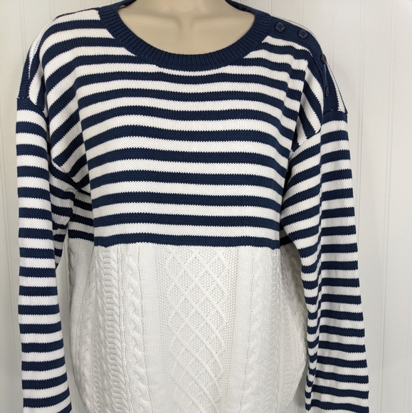 ORVIS Navy White Preppy Stripe Cable Knit Sweater Sz L - Picture 6 of 15
